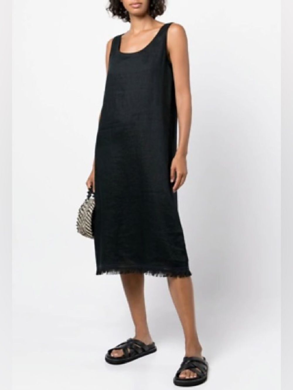 THEORY Black Sleeveless Scoop Neck Linen Blend Fringe Embroidery Dress | Size S